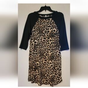 P & Rose Flowy Leopard Print Dress 3/4 Black Raglan Sleeves Pockets Small